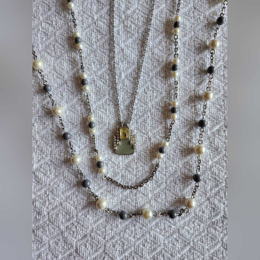 LIA SOPHIA Long Grey and White 3 Strand Necklace with Pendant